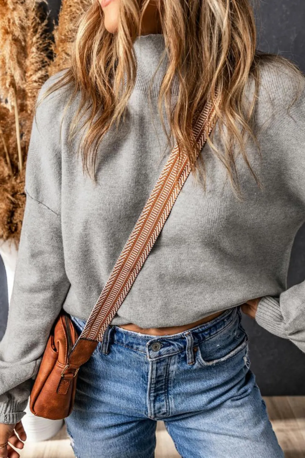 Online Dear-Lover Turtleneck Drop Shoulder Bubble Sleeve Knit Sweater Gray