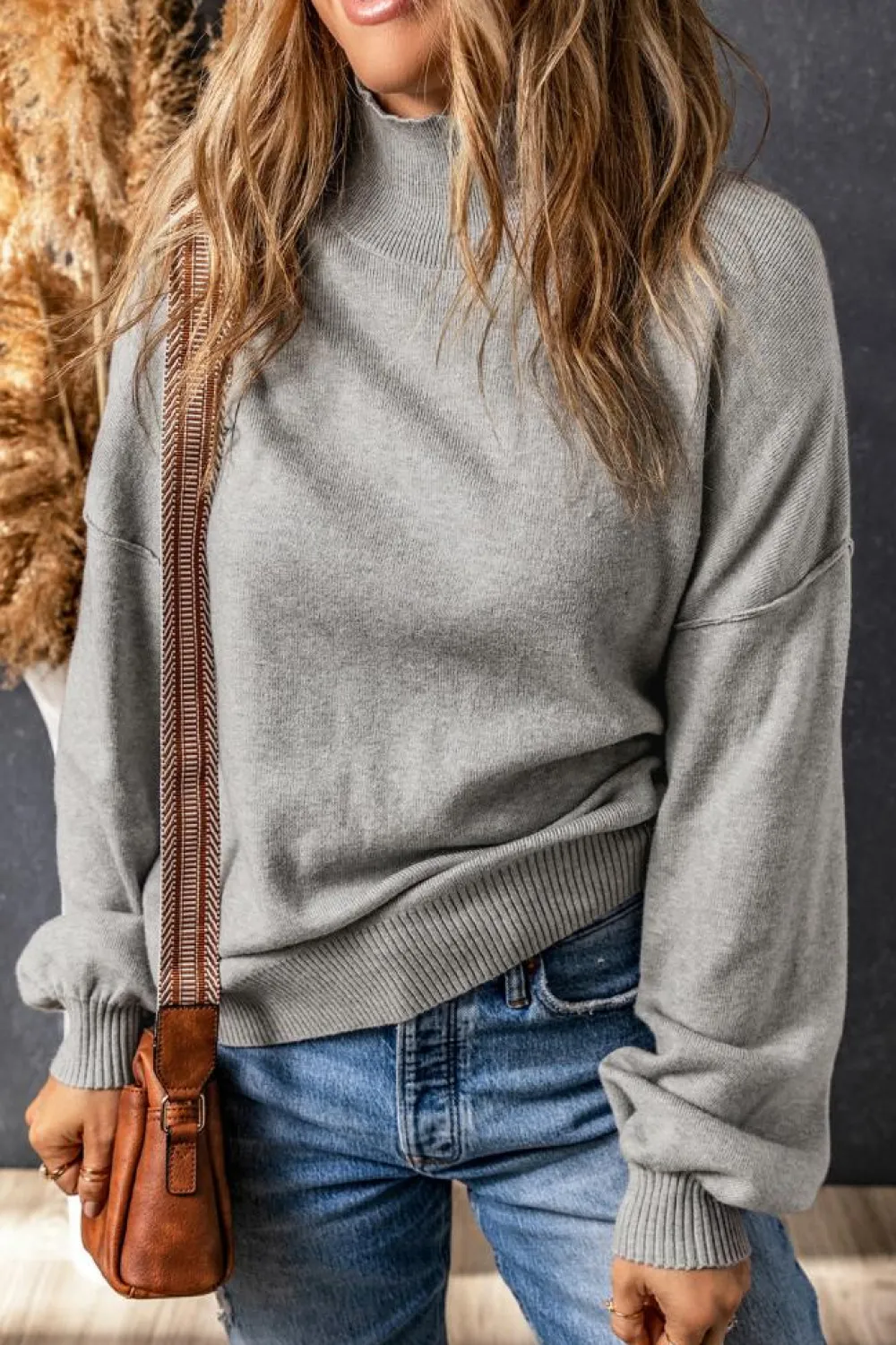 Online Dear-Lover Turtleneck Drop Shoulder Bubble Sleeve Knit Sweater Gray