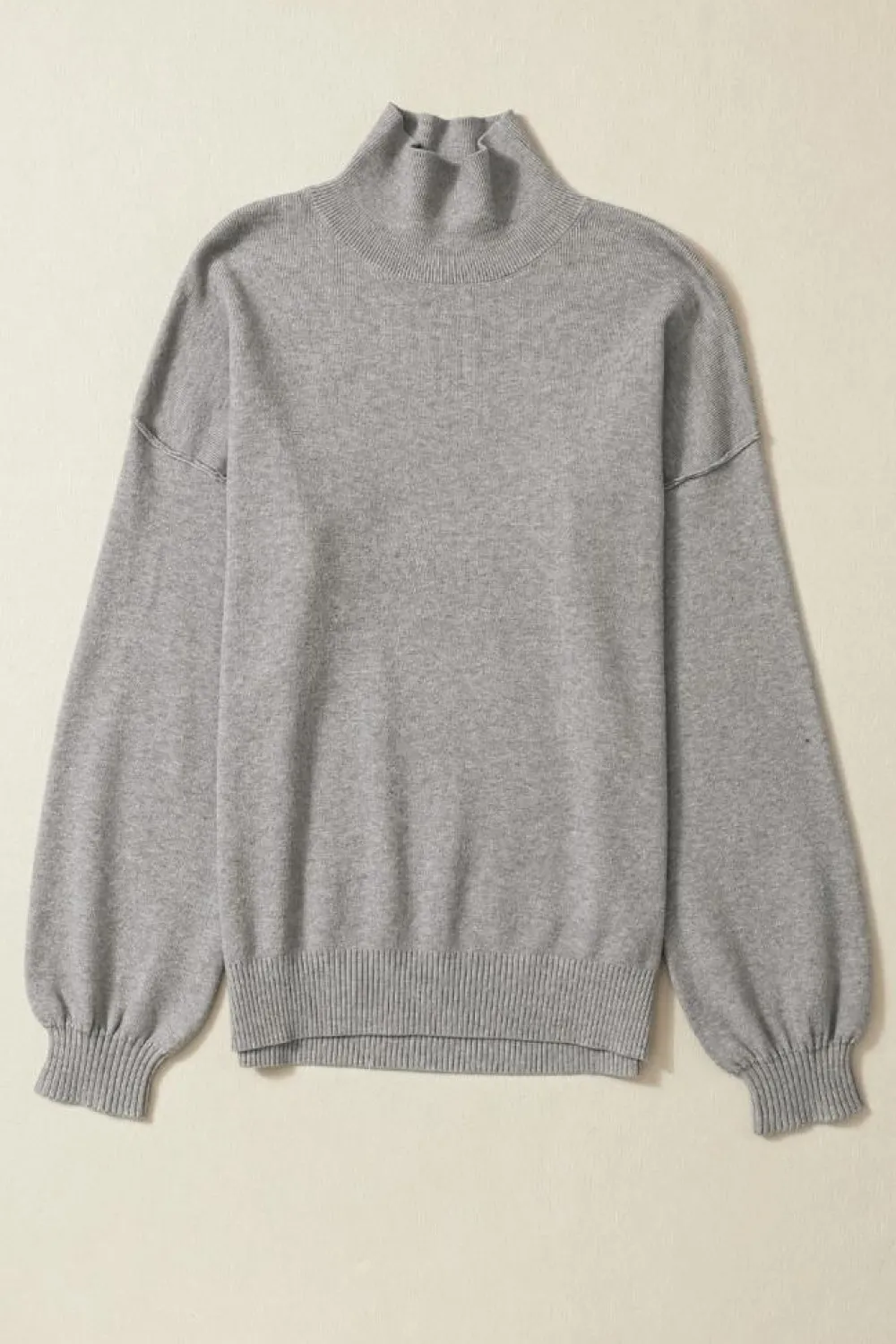 Online Dear-Lover Turtleneck Drop Shoulder Bubble Sleeve Knit Sweater Gray