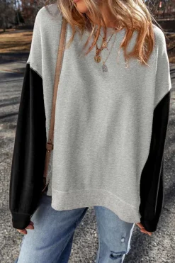 Hot Dear-Lover Two Tone Patchwork Drop Shoulder Pullover Sweatshirt Gray