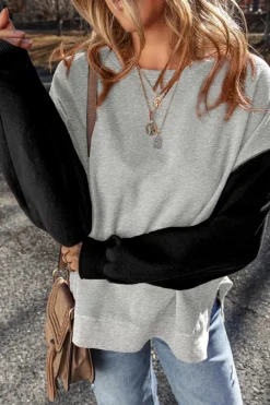 Hot Dear-Lover Two Tone Patchwork Drop Shoulder Pullover Sweatshirt Gray
