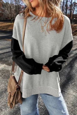 Hot Dear-Lover Two Tone Patchwork Drop Shoulder Pullover Sweatshirt Gray