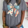 Best Dear-Lover US Flag Bow Print Round Neck Loose T Shirt Gray