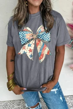 Best Dear-Lover US Flag Bow Print Round Neck Loose T Shirt Gray