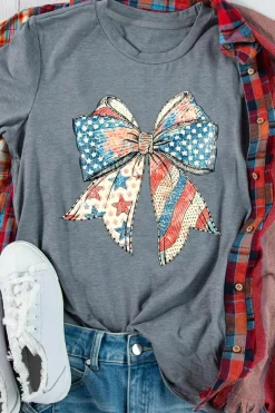 Best Dear-Lover US Flag Bow Print Round Neck Loose T Shirt Gray