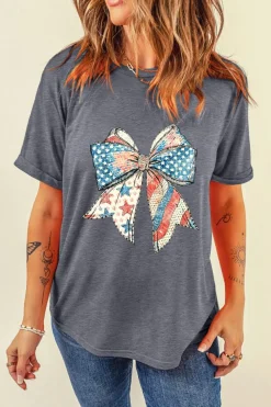 Best Dear-Lover US Flag Bow Print Round Neck Loose T Shirt Gray
