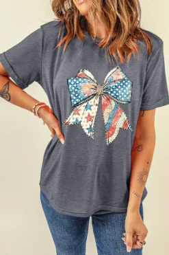 Best Dear-Lover US Flag Bow Print Round Neck Loose T Shirt Gray