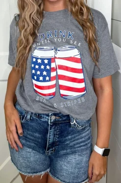 Discount Dear-Lover USA Flag Drink Cans Slogan Graphic Tee Gray