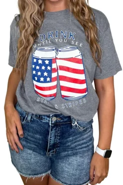 Discount Dear-Lover USA Flag Drink Cans Slogan Graphic Tee Gray