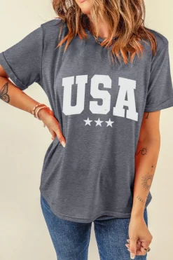 Fashion Dear-Lover USA Vintage Star Letter Graphic Tee Gray