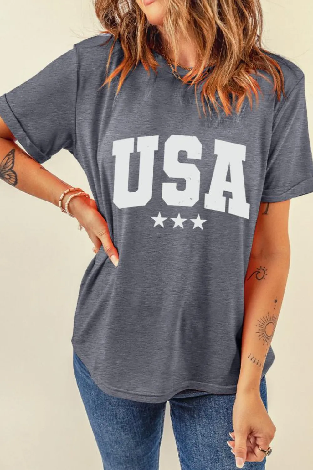 Fashion Dear-Lover USA Vintage Star Letter Graphic Tee Gray