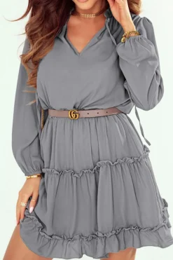 Fashion Dear-Lover V Neck Long Sleeve Ruffle Tiered Mini Dress Gray