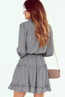 Fashion Dear-Lover V Neck Long Sleeve Ruffle Tiered Mini Dress Gray