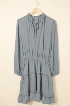 Fashion Dear-Lover V Neck Long Sleeve Ruffle Tiered Mini Dress Gray