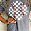 New Dear-Lover Vintage Checkered Baseball Graphic Tee Gray
