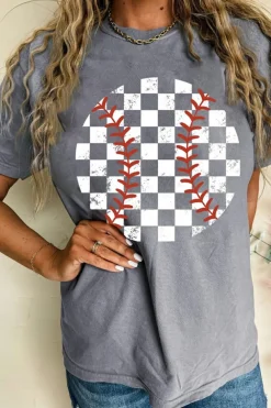 New Dear-Lover Vintage Checkered Baseball Graphic Tee Gray