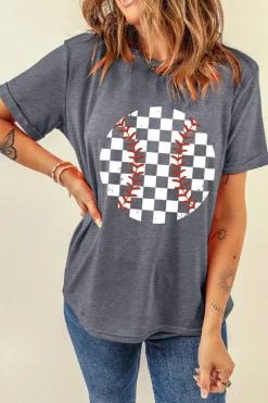 New Dear-Lover Vintage Checkered Baseball Graphic Tee Gray