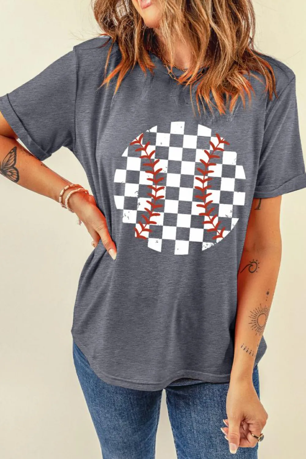 New Dear-Lover Vintage Checkered Baseball Graphic Tee Gray