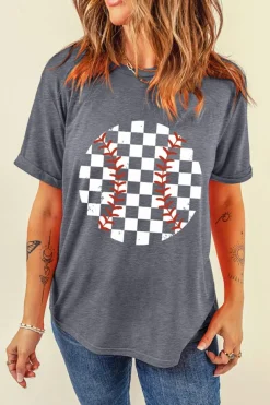 New Dear-Lover Vintage Checkered Baseball Graphic Tee Gray