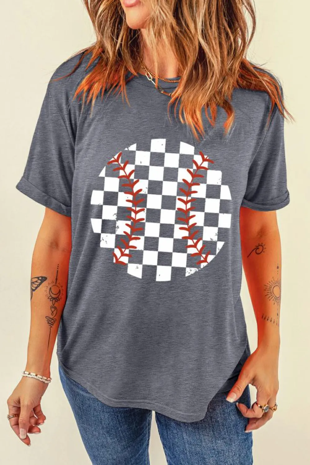 New Dear-Lover Vintage Checkered Baseball Graphic Tee Gray