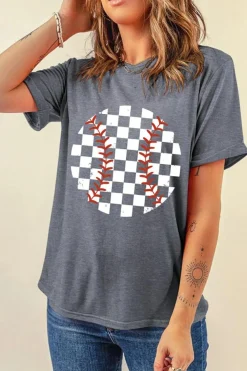 New Dear-Lover Vintage Checkered Baseball Graphic Tee Gray