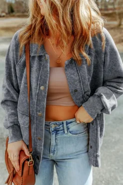 Clearance Dear-Lover Vintage Washed Flap Pocket Button Shacket Gray