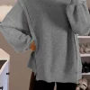 Discount Dear-Lover Waffle knit Bishop Sleeve Split Oversized Top Gray