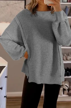 Discount Dear-Lover Waffle knit Bishop Sleeve Split Oversized Top Gray