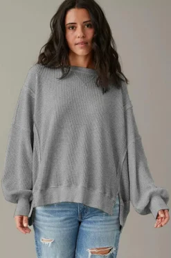 Discount Dear-Lover Waffle knit Bishop Sleeve Split Oversized Top Gray