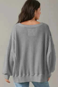 Discount Dear-Lover Waffle knit Bishop Sleeve Split Oversized Top Gray