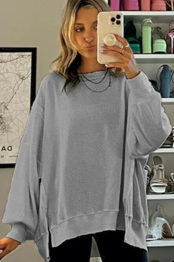 Discount Dear-Lover Waffle knit Bishop Sleeve Split Oversized Top Gray