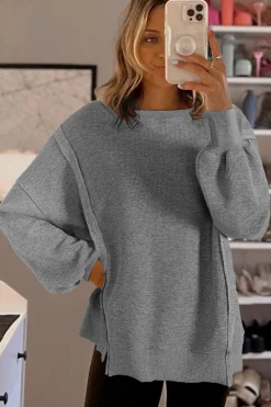 Discount Dear-Lover Waffle knit Bishop Sleeve Split Oversized Top Gray