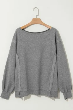 Discount Dear-Lover Waffle knit Bishop Sleeve Split Oversized Top Gray
