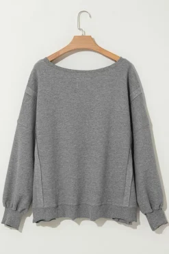 Discount Dear-Lover Waffle knit Bishop Sleeve Split Oversized Top Gray