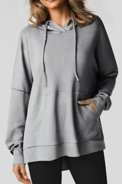 Sale Dear-Lover Waffle Knit Fleece Lined High Low Oversized Hoodie Gray