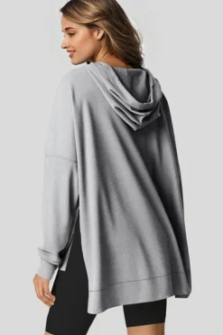 Sale Dear-Lover Waffle Knit Fleece Lined High Low Oversized Hoodie Gray