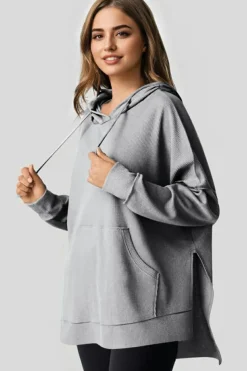 Sale Dear-Lover Waffle Knit Fleece Lined High Low Oversized Hoodie Gray