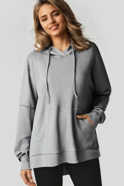 Sale Dear-Lover Waffle Knit Fleece Lined High Low Oversized Hoodie Gray