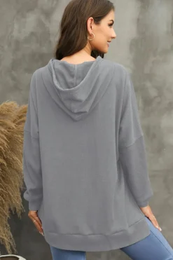 Sale Dear-Lover Waffle Knit Fleece Lined High Low Oversized Hoodie Gray