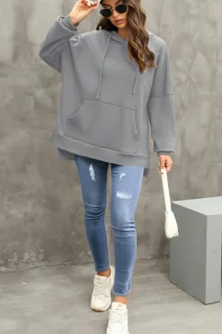 Sale Dear-Lover Waffle Knit Fleece Lined High Low Oversized Hoodie Gray