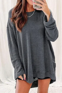 Clearance Dear-Lover Waffle Knit High Slits Oversized Top Gray