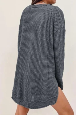 Clearance Dear-Lover Waffle Knit High Slits Oversized Top Gray