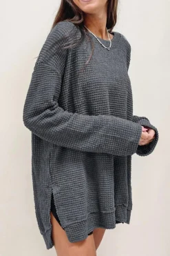 Clearance Dear-Lover Waffle Knit High Slits Oversized Top Gray
