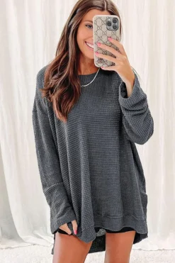 Clearance Dear-Lover Waffle Knit High Slits Oversized Top Gray