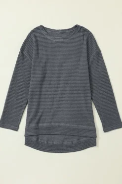 Clearance Dear-Lover Waffle Knit High Slits Oversized Top Gray