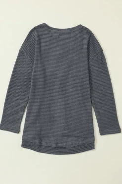 Clearance Dear-Lover Waffle Knit High Slits Oversized Top Gray