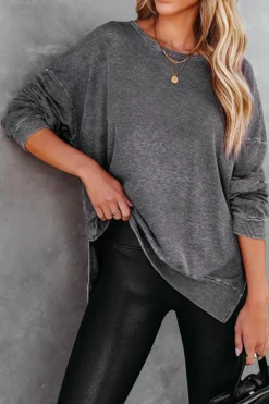 Sale Dear-Lover Waffle Knit Side Slit Pullover Top Gray
