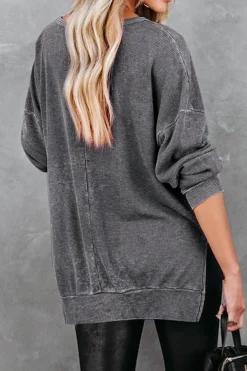 Sale Dear-Lover Waffle Knit Side Slit Pullover Top Gray
