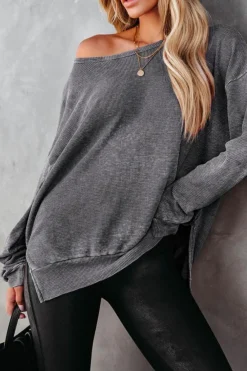 Sale Dear-Lover Waffle Knit Side Slit Pullover Top Gray