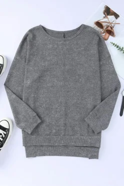 Sale Dear-Lover Waffle Knit Side Slit Pullover Top Gray